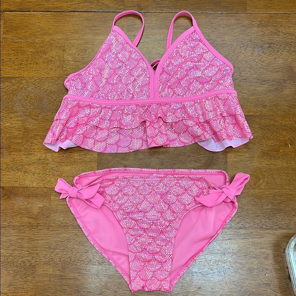 Justice 2 Piece Bikini Swimsuit Pink Holographic Print Girls Size 12